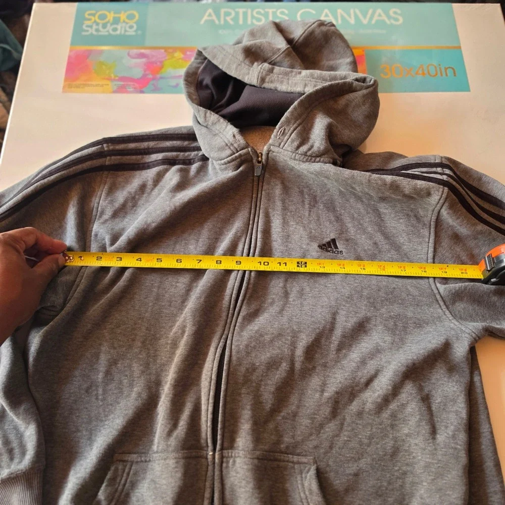 Adidas Mens Full Zip Hoodie Gray 3 Stripe Fleece Sweatshirt Large